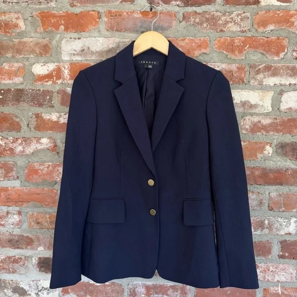 Theory Navy Wool Blazer Gold Buttons Size 6 Classic Tailored Jacket